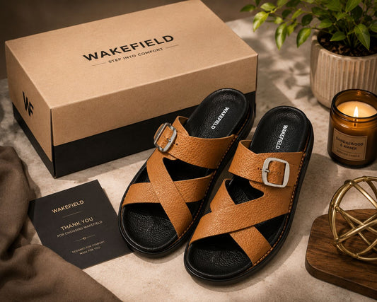 Wakefield Men"s Premium Cross Strap Buckle Comfort Slides | Adjustable Metal Buckle | Soft Cushioned Footbed | Anti-Slip Sole | Lightweight Casual Slippers | TAN