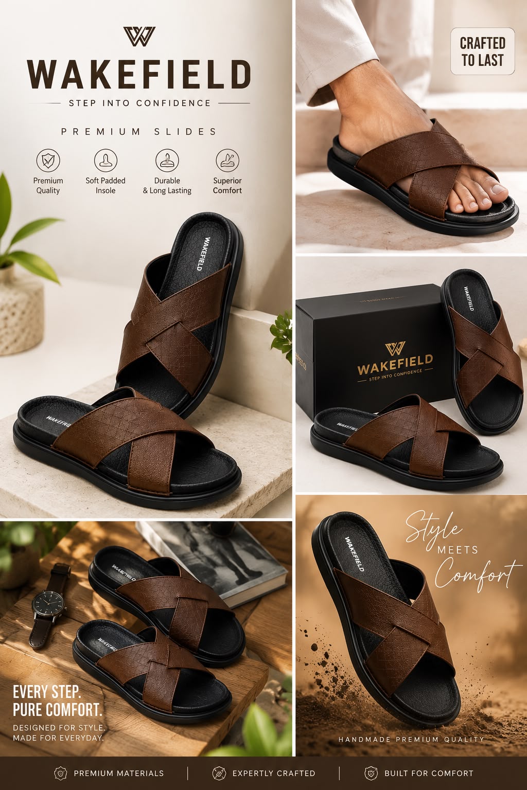 Wakefield Men's Premium Dual Texture Cut Cross Slides - Brown