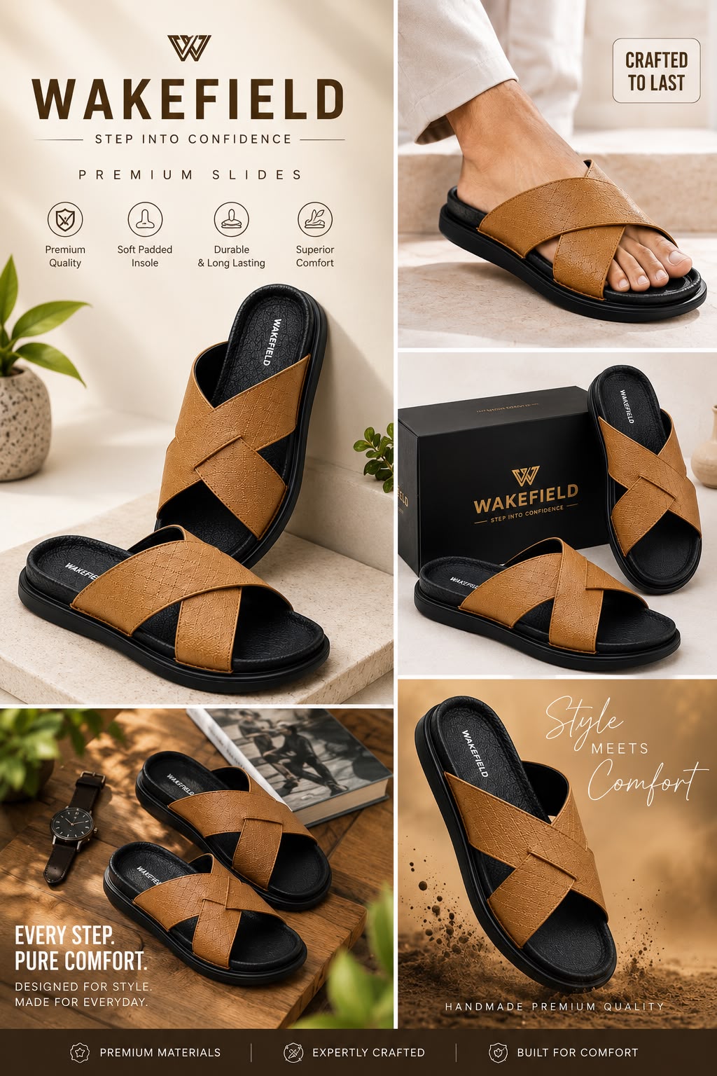 Wakefield Men's Premium Dual Texture Cut Cross Slides - Tan