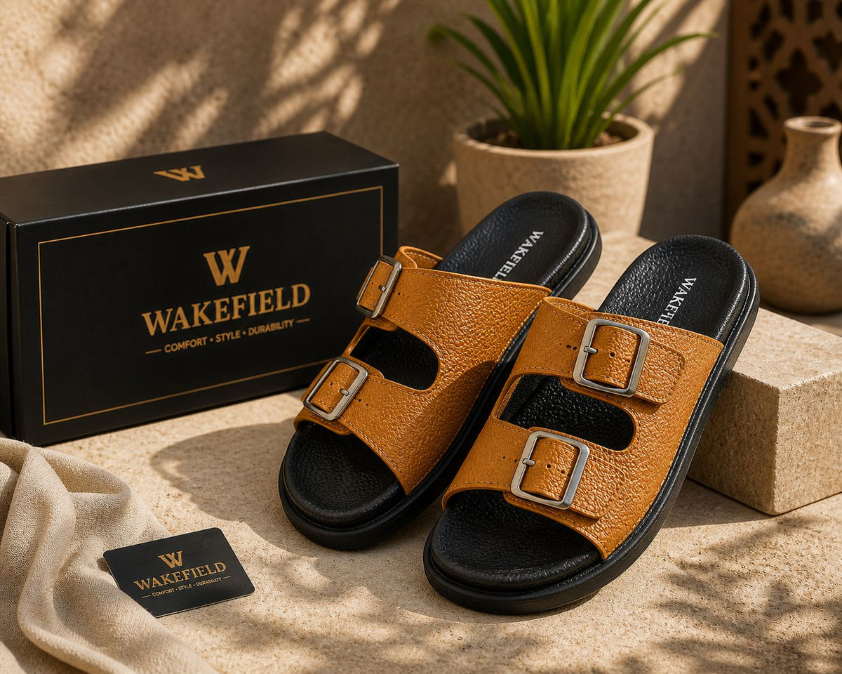 Wakefield Men's Premium Double Buckle Comfort Slides | Adjustable Metal Buckles | Soft Cushioned Footbed | Anti-Slip Sole | TAN
