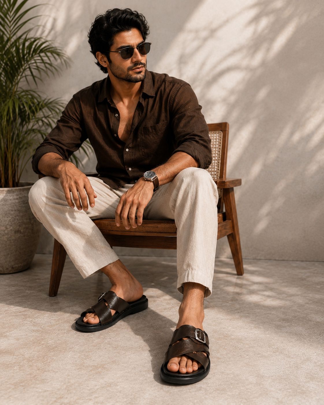 Wakefield Men"s Premium Cross Strap Buckle Comfort Slides | Adjustable Metal Buckle | Soft Cushioned Footbed | Anti-Slip Sole | Lightweight Casual Slippers | BROWN