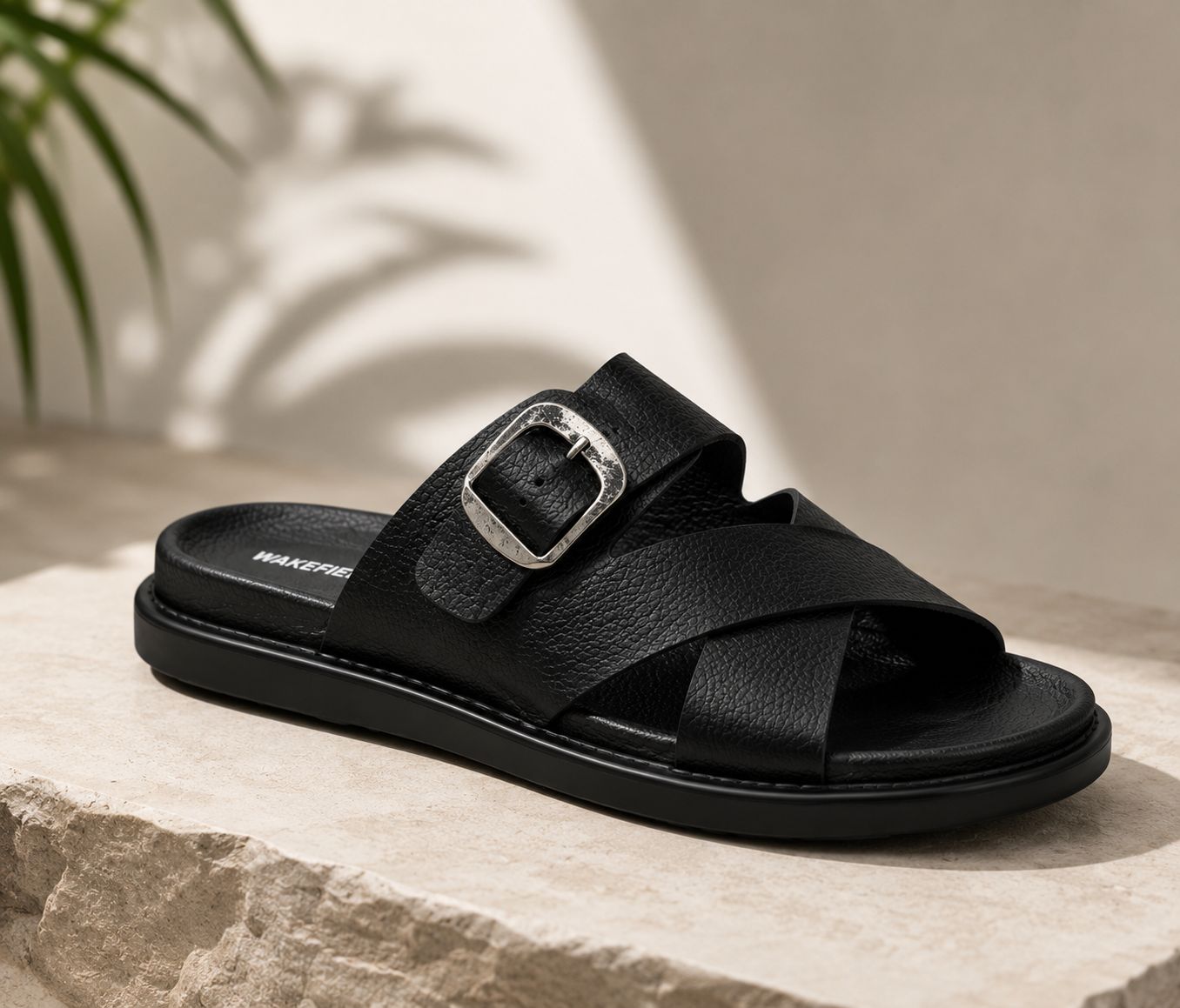 Wakefield Men"s Premium Cross Strap Buckle Comfort Slides | Adjustable Metal Buckle | Soft Cushioned Footbed | Anti-Slip Sole | Lightweight Casual Slippers | Black