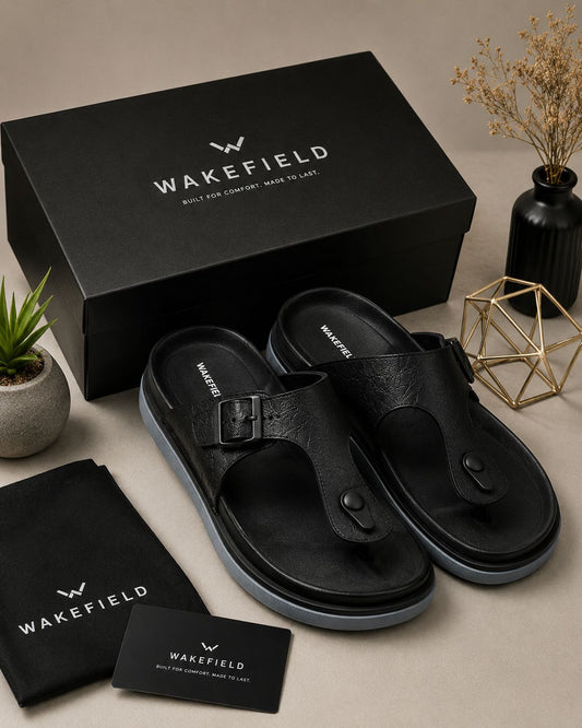 Wakefield Men"s Premium Adjustable Toe Ring Buckle Comfort Slides | Soft Cushioned Footbed | Anti-Slip Sole | Lightweight Casual Slippers | Black