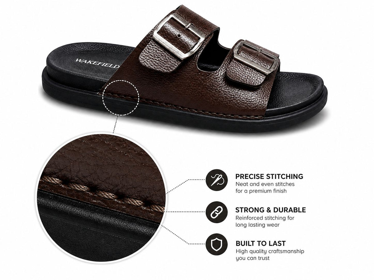 Wakefield Men's Premium Double Buckle Comfort Slides | Adjustable Metal Buckles | Soft Cushioned Footbed | Anti-Slip Sole | Brown