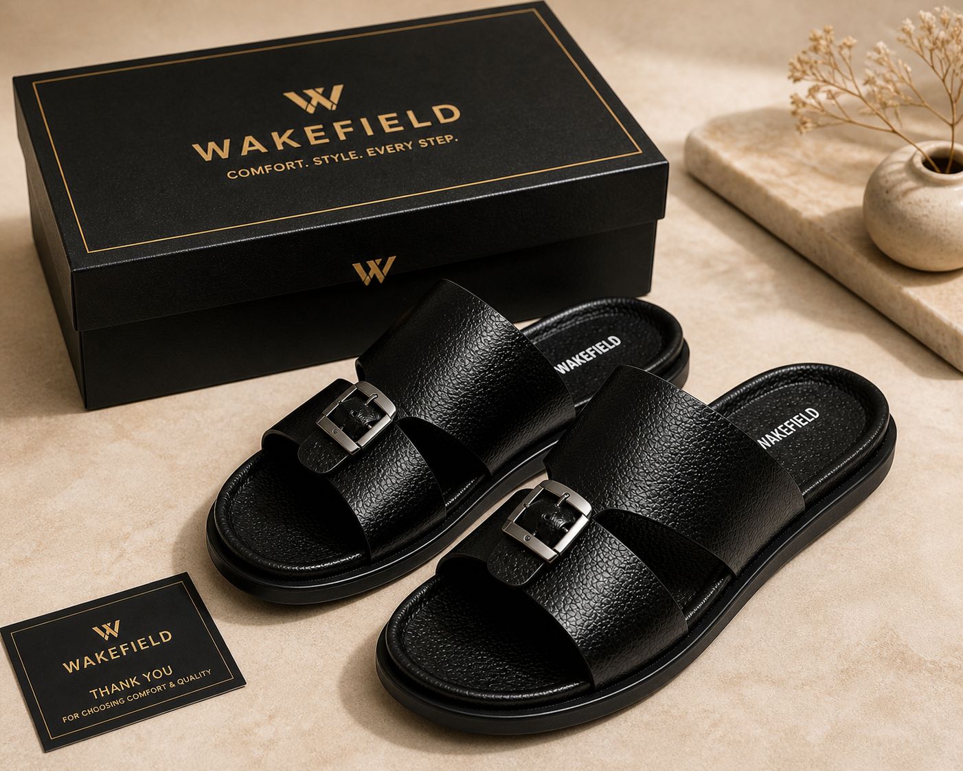 Wakefield Men's Premium Single Buckle Comfort Slide | Soft Cushioned Footbed | Anti-Slip Sole | Lightweight Casual Slippers | Black