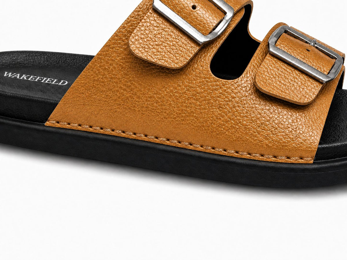 Wakefield Men's Premium Double Buckle Comfort Slides | Adjustable Metal Buckles | Soft Cushioned Footbed | Anti-Slip Sole | TAN