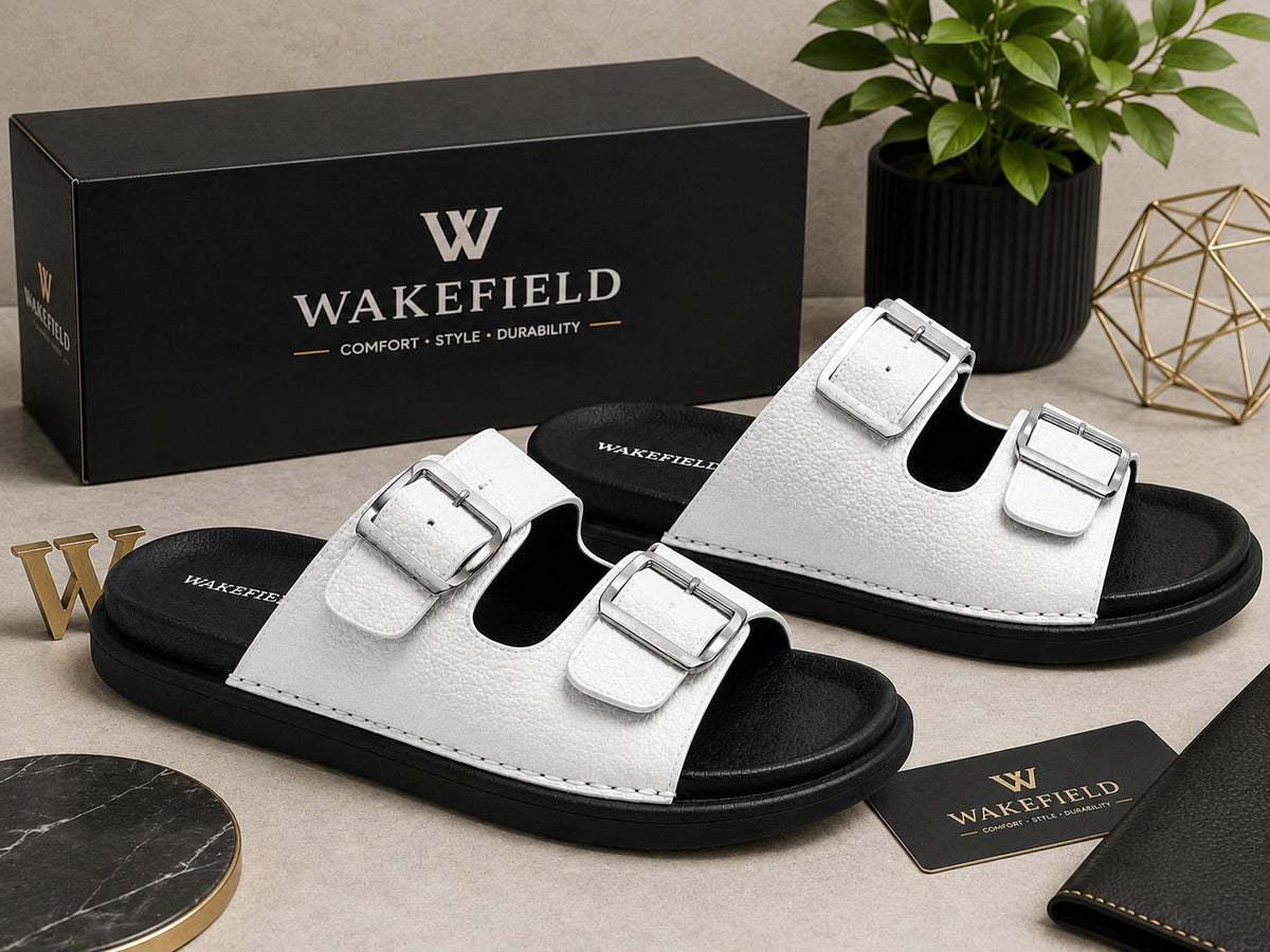 Wakefield Men's Premium Double Buckle Comfort Slides | Adjustable Metal Buckles | Soft Cushioned Footbed | Anti-Slip Sole | WHITE
