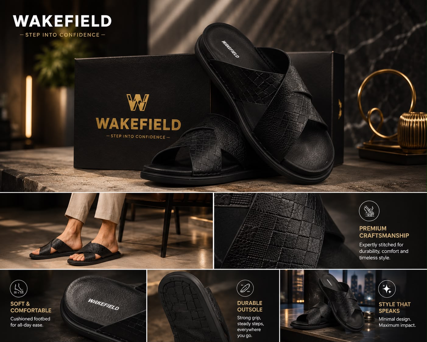 Wakefield Men's Premium Dual Texture Cut Cross Slides - Black