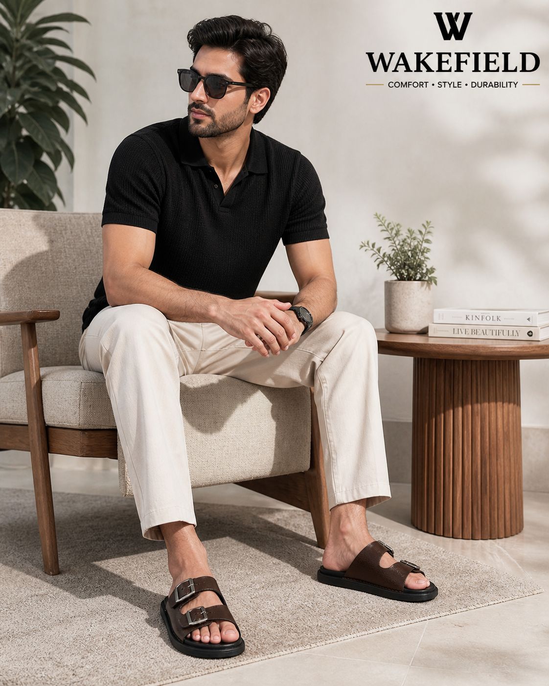 Wakefield Men's Premium Double Buckle Comfort Slides | Adjustable Metal Buckles | Soft Cushioned Footbed | Anti-Slip Sole | Brown