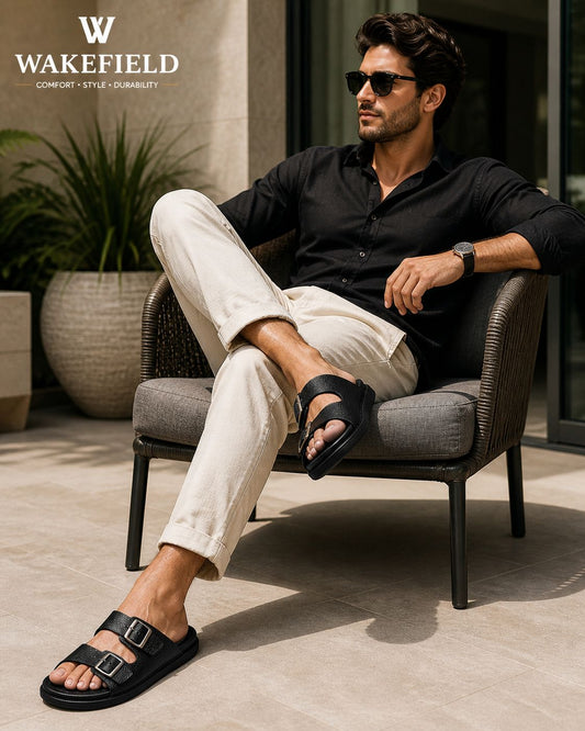 Wakefield Men's Premium Double Buckle Comfort Slides | Adjustable Metal Buckles | Soft Cushioned Footbed | Anti-Slip Sole | Black