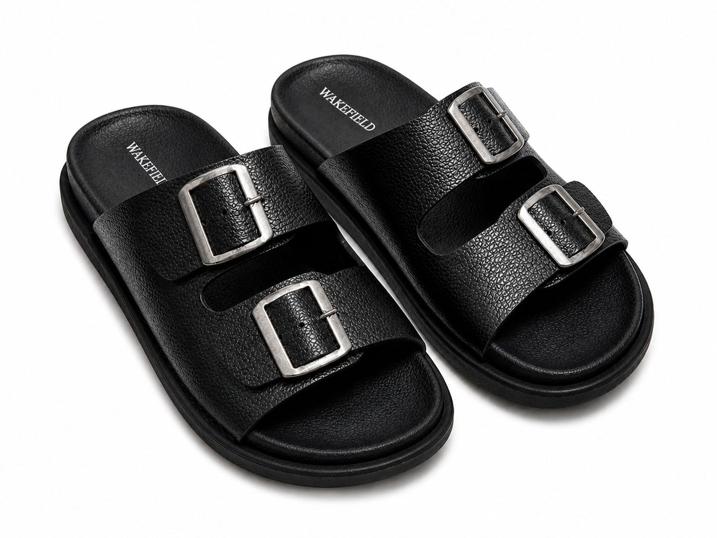 Wakefield Men's Premium Double Buckle Comfort Slides | Adjustable Metal Buckles | Soft Cushioned Footbed | Anti-Slip Sole | Black