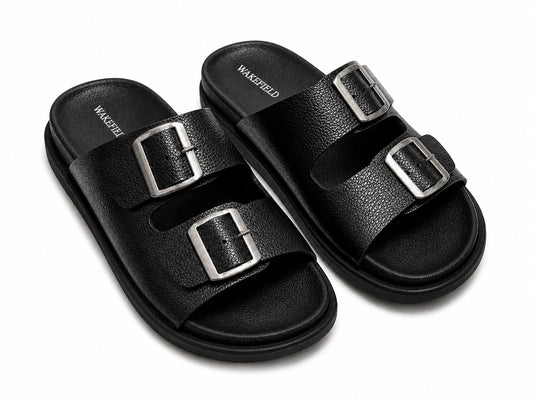 Wakefield Men's Premium Double Buckle Comfort Slides | Adjustable Metal Buckles | Soft Cushioned Footbed | Anti-Slip Sole | Black