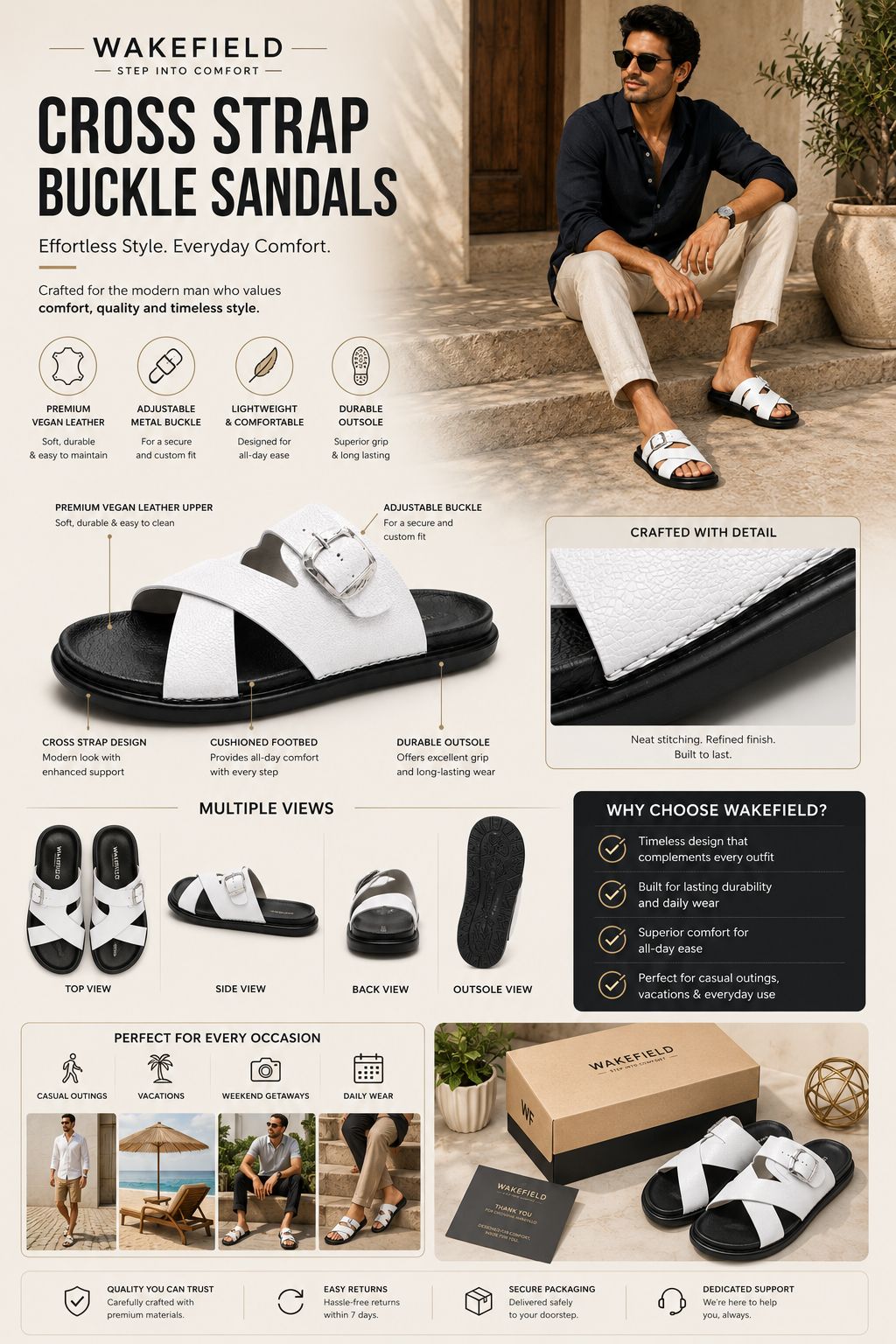 Wakefield Men"s Premium Cross Strap Buckle Comfort Slides | Adjustable Metal Buckle | Soft Cushioned Footbed | Anti-Slip Sole | Lightweight Casual Slippers | WHITE