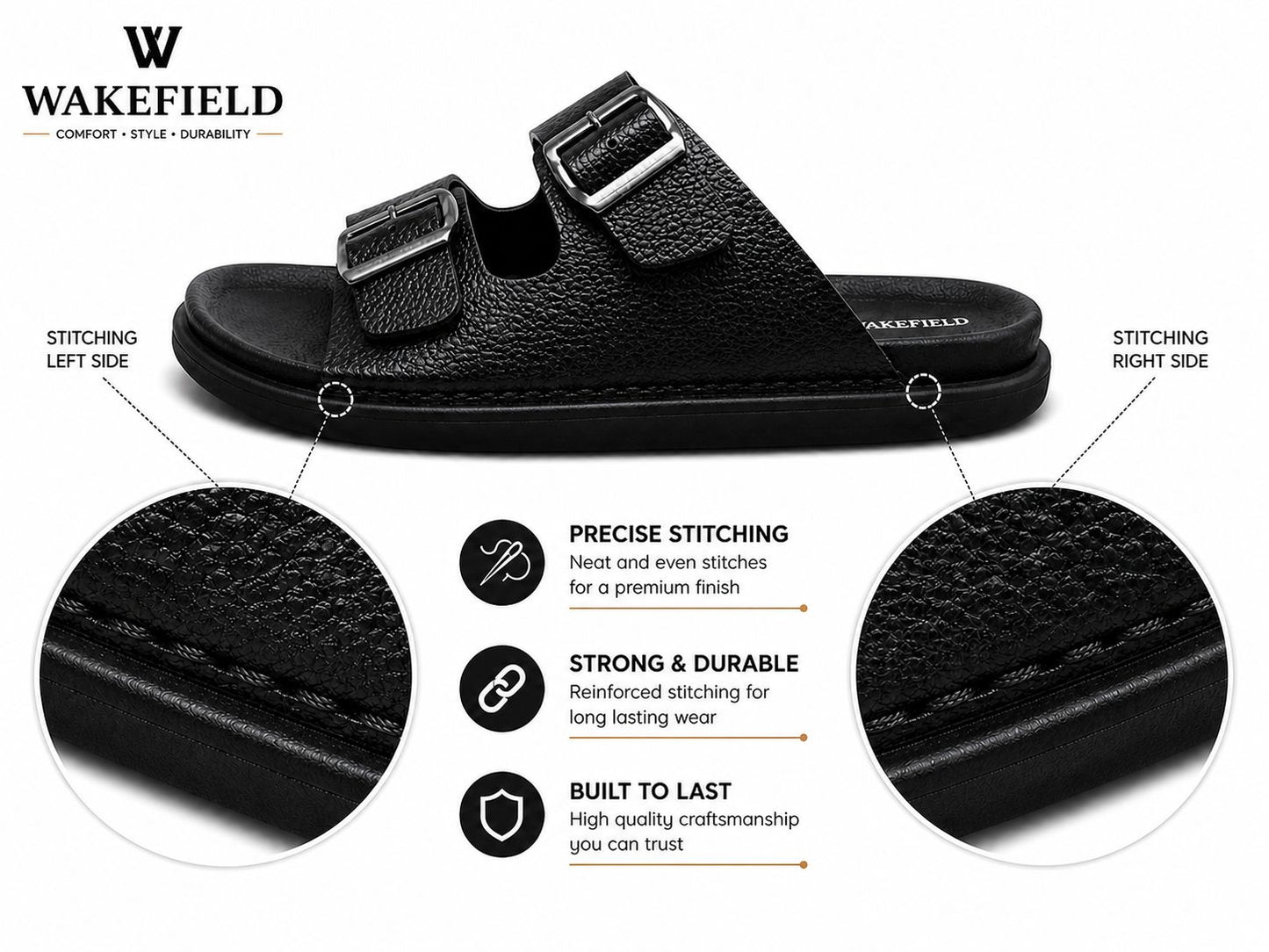 Wakefield Men's Premium Double Buckle Comfort Slides | Adjustable Metal Buckles | Soft Cushioned Footbed | Anti-Slip Sole | Black
