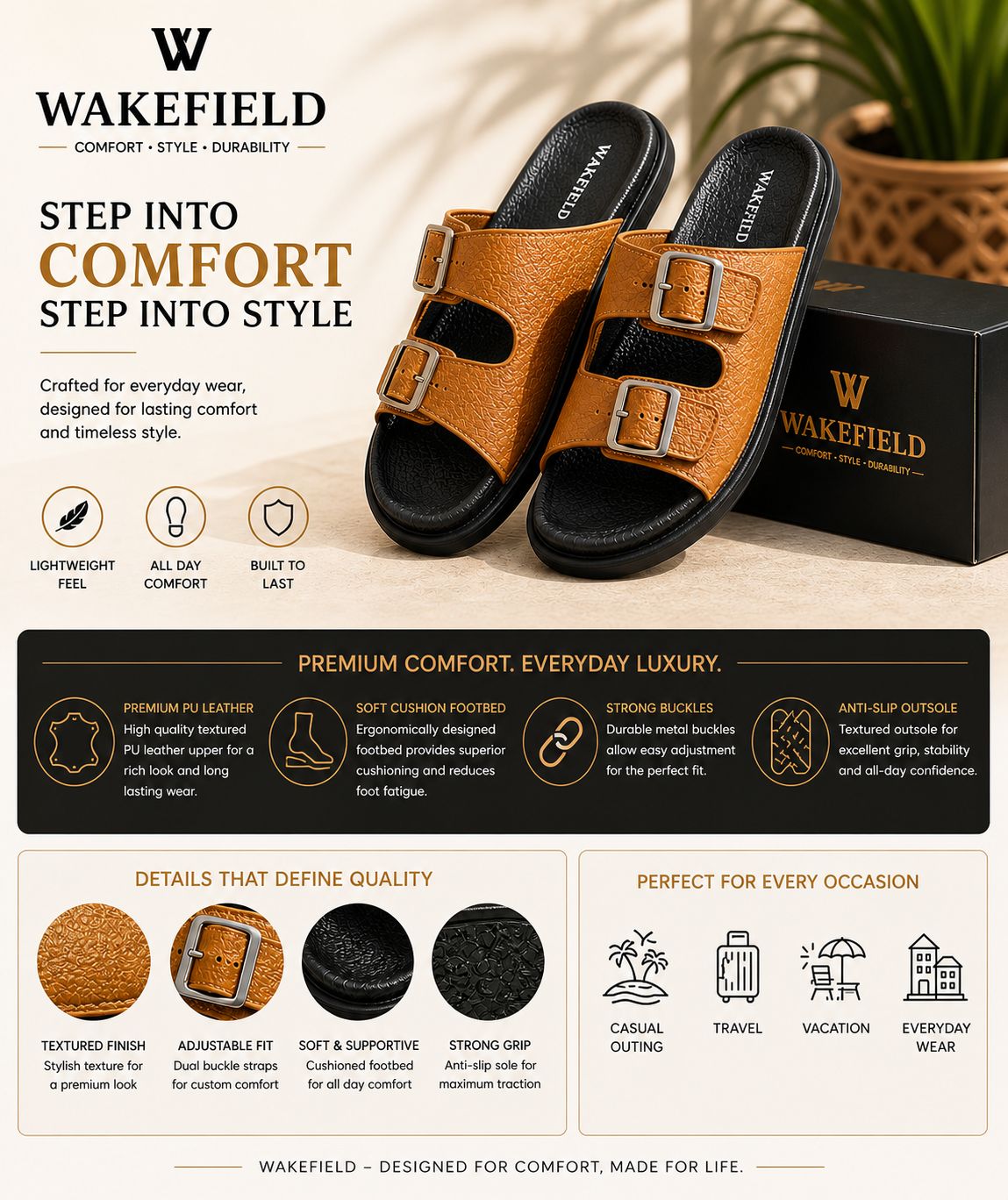 Wakefield Men's Premium Double Buckle Comfort Slides | Adjustable Metal Buckles | Soft Cushioned Footbed | Anti-Slip Sole | TAN