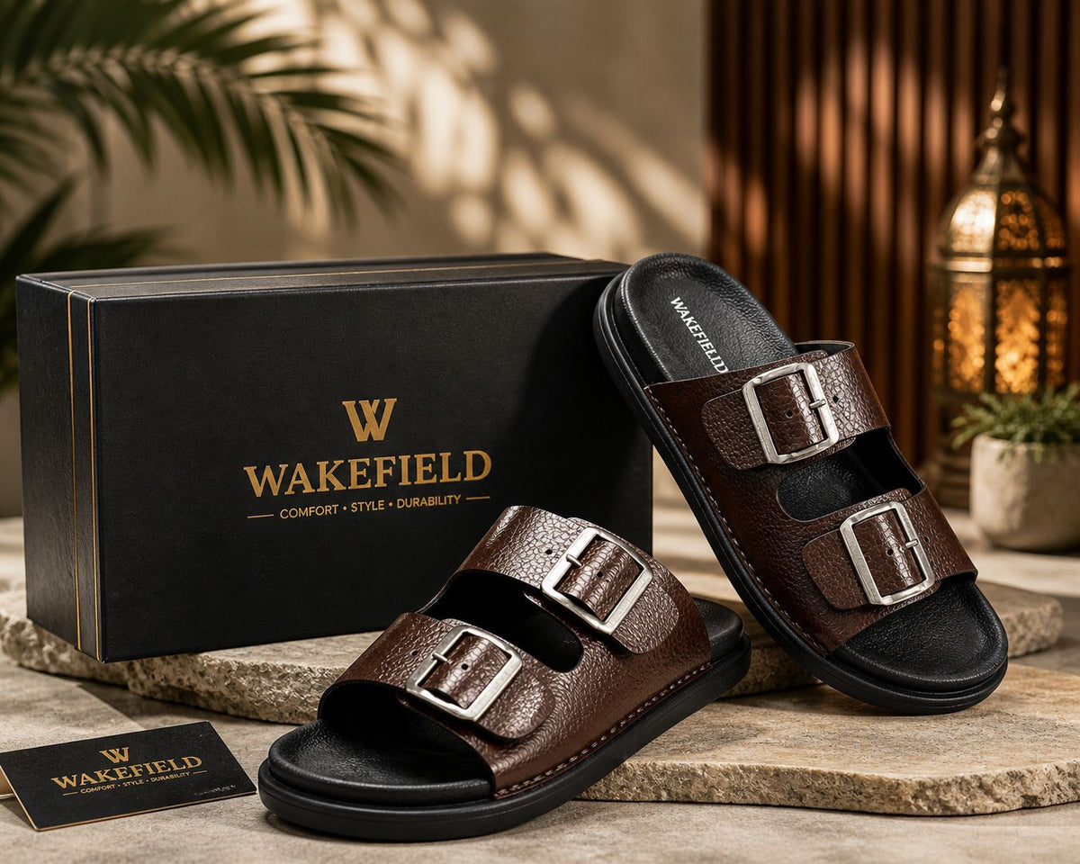 Wakefield Men's Premium Double Buckle Comfort Slides | Adjustable Metal Buckles | Soft Cushioned Footbed | Anti-Slip Sole | Brown