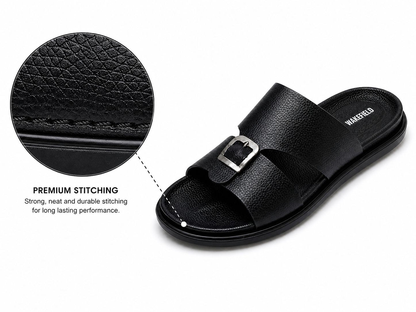 Wakefield Men's Premium Single Buckle Comfort Slide | Soft Cushioned Footbed | Anti-Slip Sole | Lightweight Casual Slippers | Black