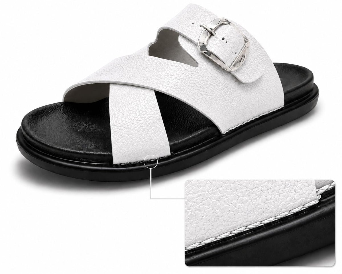 Wakefield Men"s Premium Cross Strap Buckle Comfort Slides | Adjustable Metal Buckle | Soft Cushioned Footbed | Anti-Slip Sole | Lightweight Casual Slippers | WHITE