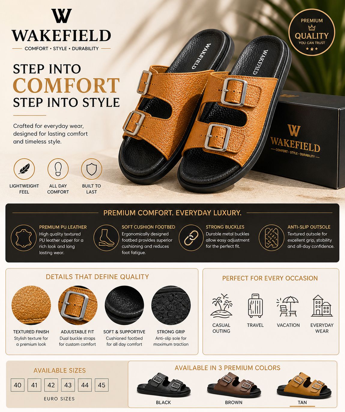 Wakefield Men's Premium Double Buckle Comfort Slides | Adjustable Metal Buckles | Soft Cushioned Footbed | Anti-Slip Sole | TAN