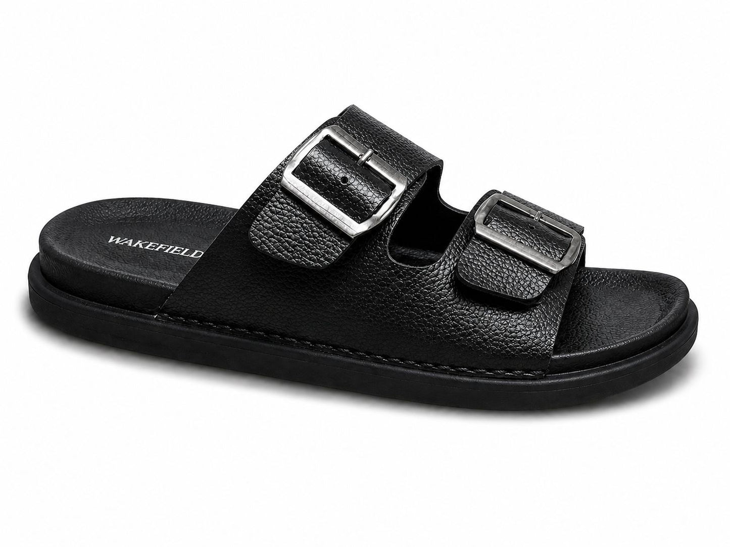 Wakefield Men's Premium Double Buckle Comfort Slides | Adjustable Metal Buckles | Soft Cushioned Footbed | Anti-Slip Sole | Black