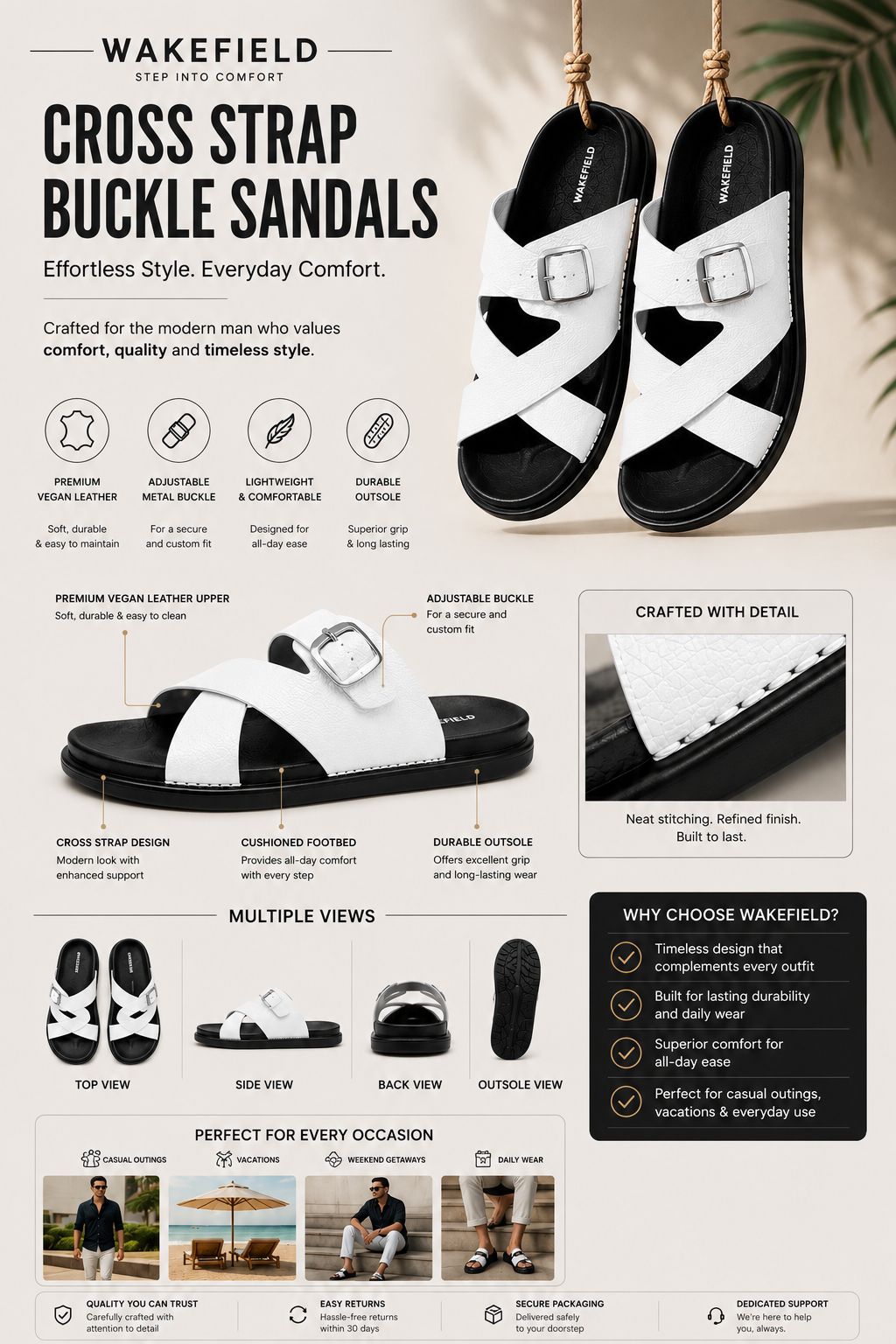 Wakefield Men"s Premium Cross Strap Buckle Comfort Slides | Adjustable Metal Buckle | Soft Cushioned Footbed | Anti-Slip Sole | Lightweight Casual Slippers | WHITE