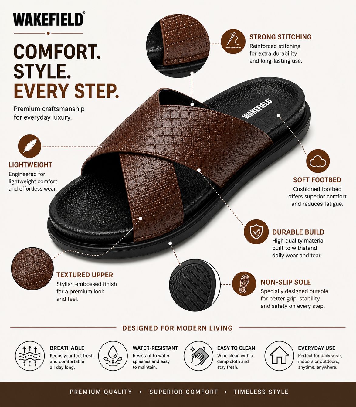 Wakefield Men's Premium Cross Strap Textured Slides - Brown
