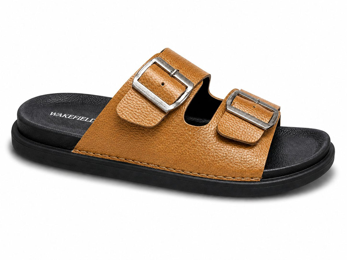 Wakefield Men's Premium Double Buckle Comfort Slides | Adjustable Metal Buckles | Soft Cushioned Footbed | Anti-Slip Sole | TAN