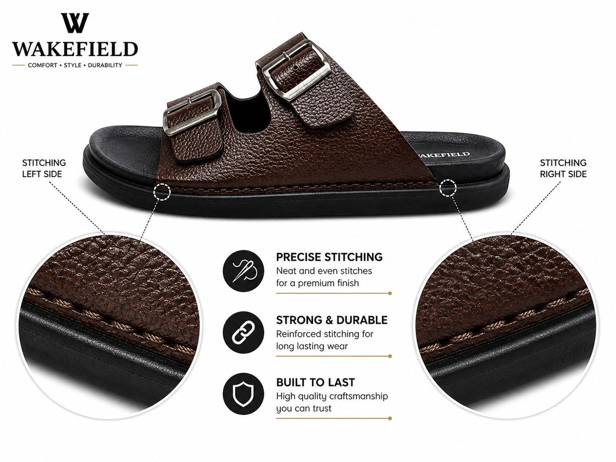 Wakefield Men's Premium Double Buckle Comfort Slides | Adjustable Metal Buckles | Soft Cushioned Footbed | Anti-Slip Sole | Brown