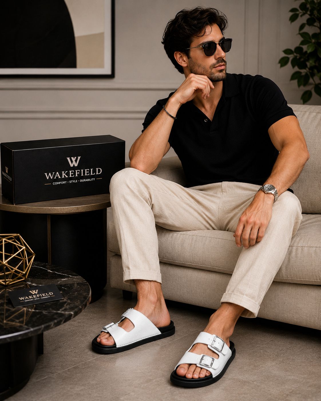 Wakefield Men's Premium Double Buckle Comfort Slides | Adjustable Metal Buckles | Soft Cushioned Footbed | Anti-Slip Sole | WHITE