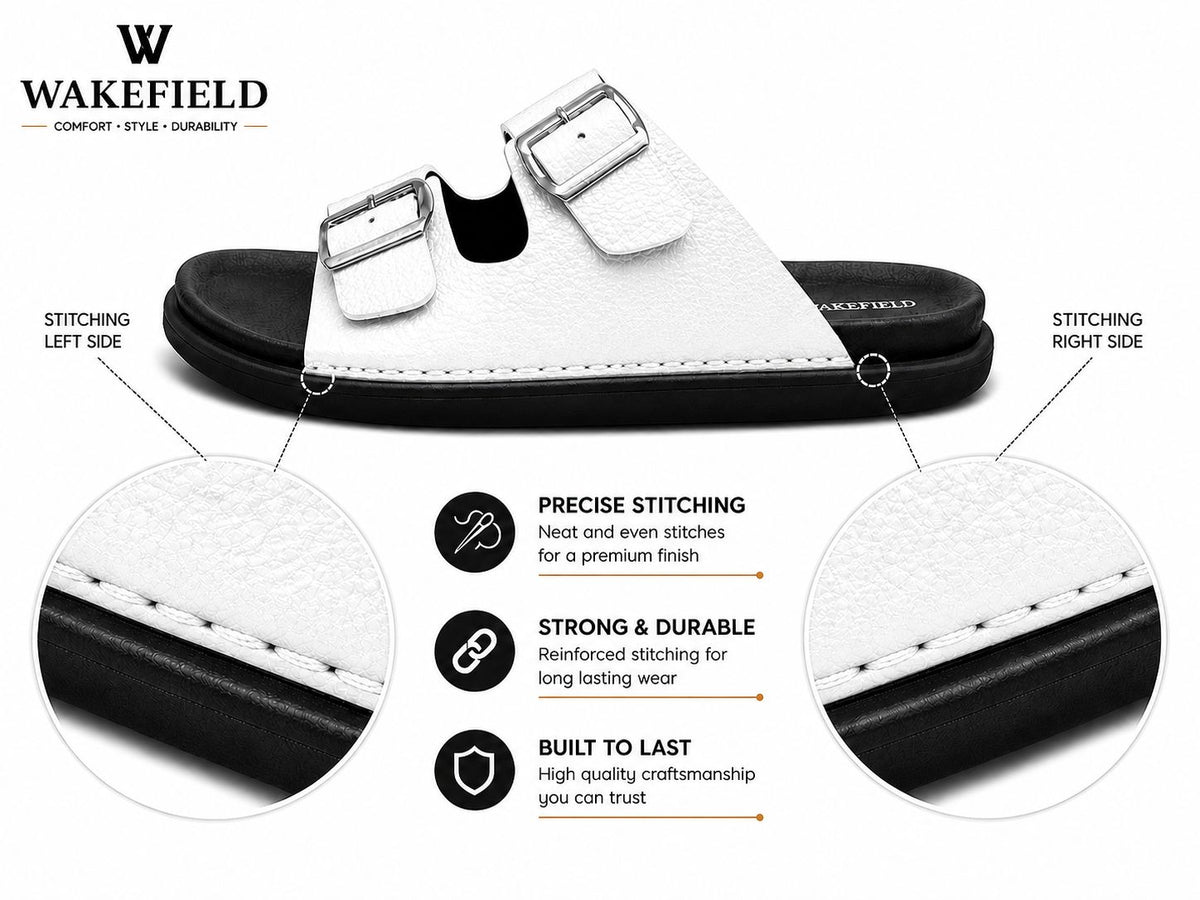 Wakefield Men's Premium Double Buckle Comfort Slides | Adjustable Metal Buckles | Soft Cushioned Footbed | Anti-Slip Sole | WHITE