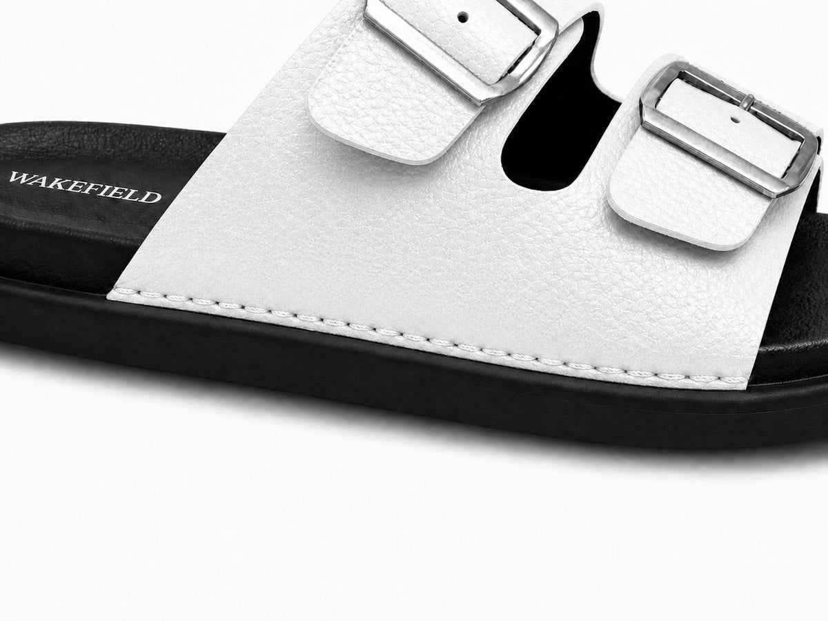 Wakefield Men's Premium Double Buckle Comfort Slides | Adjustable Metal Buckles | Soft Cushioned Footbed | Anti-Slip Sole | WHITE