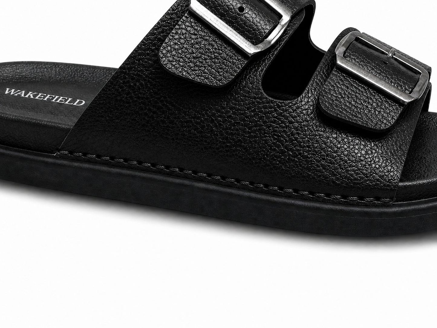 Wakefield Men's Premium Double Buckle Comfort Slides | Adjustable Metal Buckles | Soft Cushioned Footbed | Anti-Slip Sole | Black
