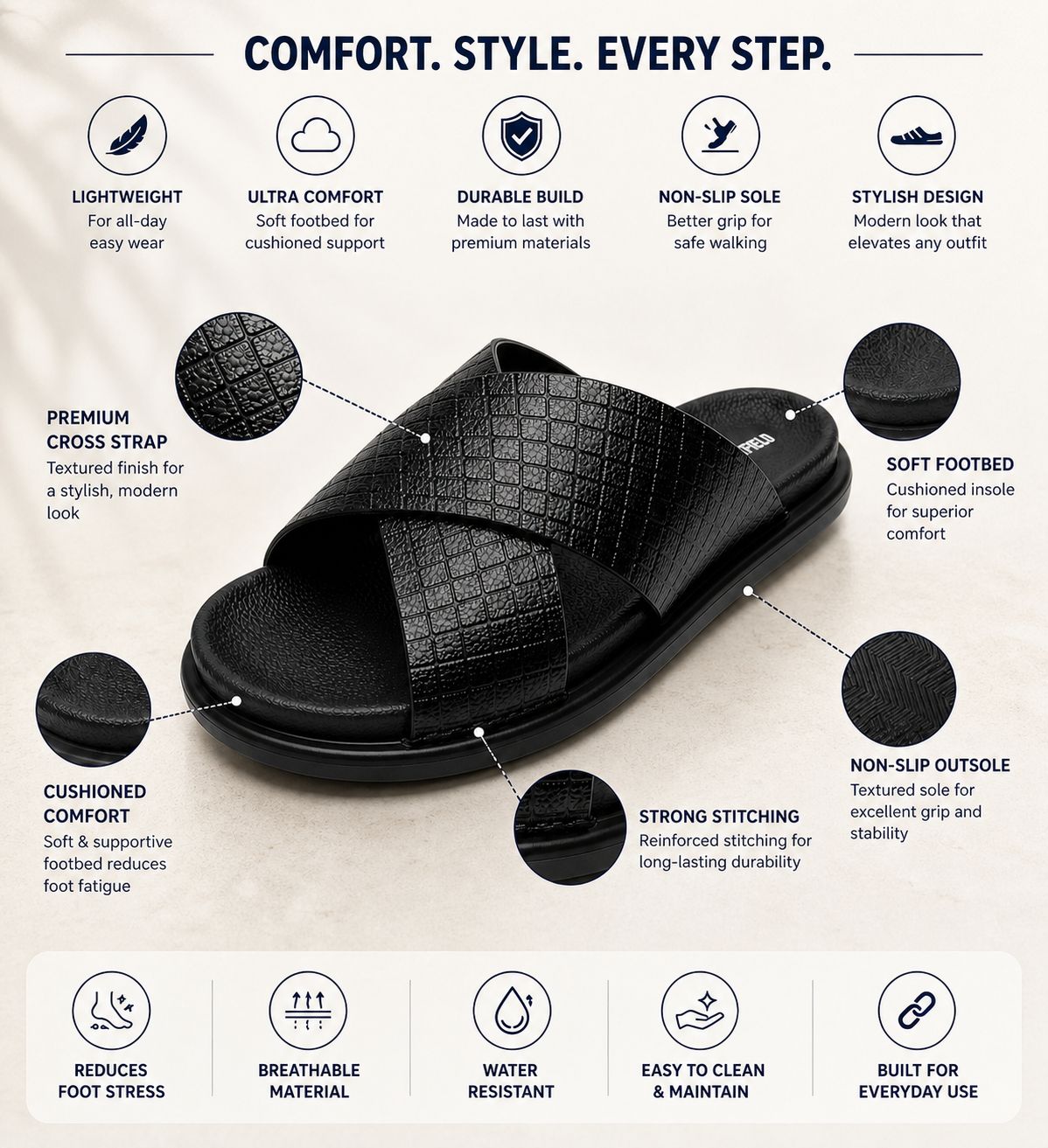 Wakefield Men's Premium Cross Strap Textured Slides - Black